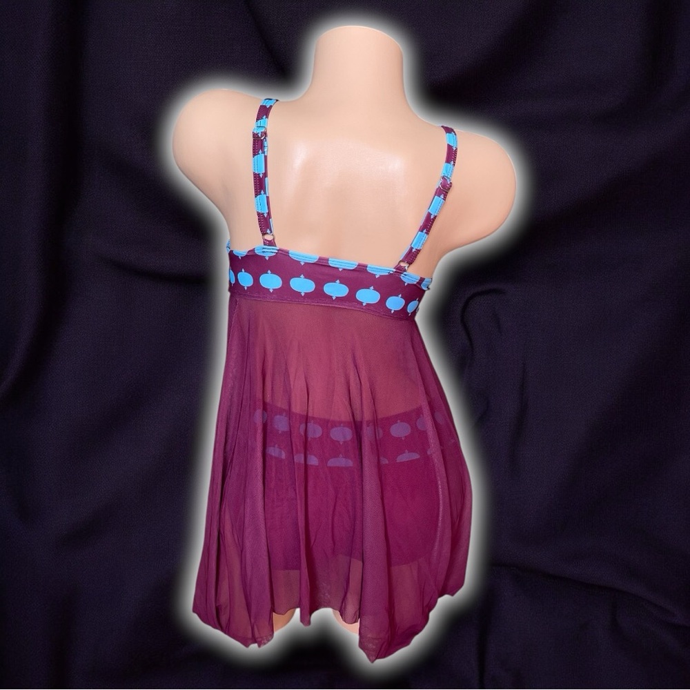 Magenta Blue Polka Dot Print Mesh Sheer Top Two-Piece Plus Size Tankini Swimsuit - Picture 6 of 9